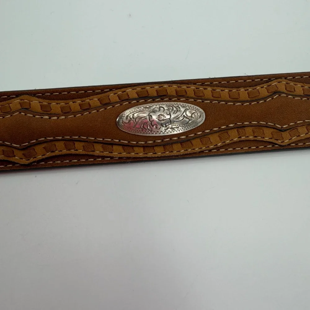 Vtg Justin Belt Mens 36 Brown Leather Silver Tone Buckle Concho Western Cowboy